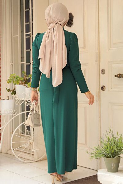Neva Style Rochie de seară hijab verde smarald cu detaliu de mărgele 30014zy