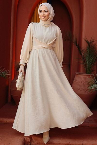 Neva Style Rochie Hijab Bej Maneca Balon 3034BEIG