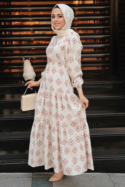 Neva Style Patterned Dark Salmon Hijab Dress 10229Ksmn