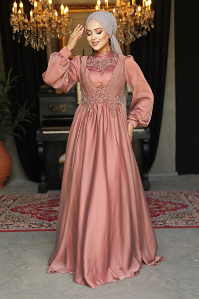 Neva Style İnci Detaylı Drapeli Kiremit Tesettür Abiye Elbise 21890krmt