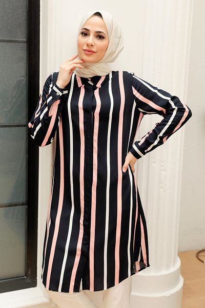 Neva Style - تونيك فيسكوز حجاب مخطط باللون الأزرق الداكن 11584l