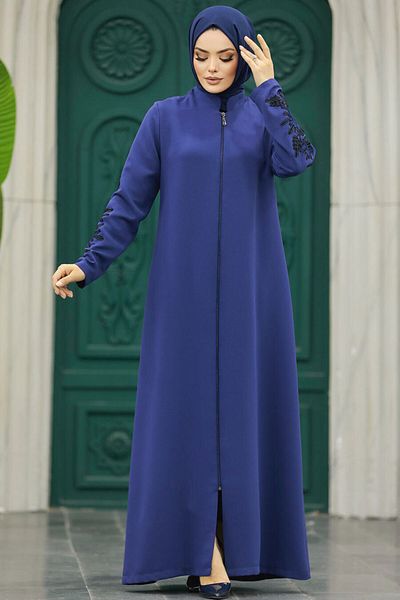 Neva Style Μπλε Indigo Hijab Ferace με λεπτομέρειες στις μανίκια 10081ım