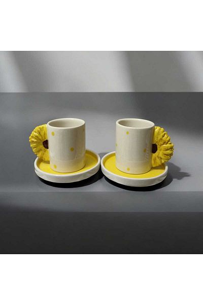 seda seramik Handmade Design Sunflower 4-Piece Coffee Cup Set with Handles for 2 People 110 ml
