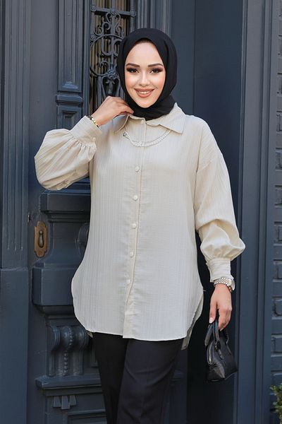 Neva Style Tunica Hijab cu dungi Bej - 11905BEIG
