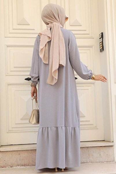 Neva Style Rochie Hijab Gri cu Detaliu Volane 7681gr