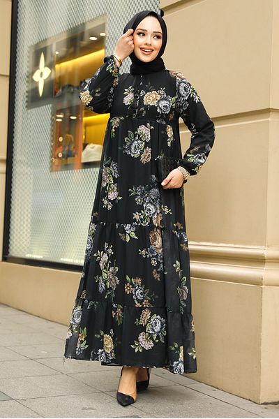 N.S NEVA STYLE Φόρεμα Hijab με λουλούδια μαύρο 22052S