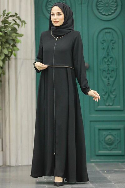 Neva Style - Hijab negru cu fermoar Rabia Crepe Ferace 617s