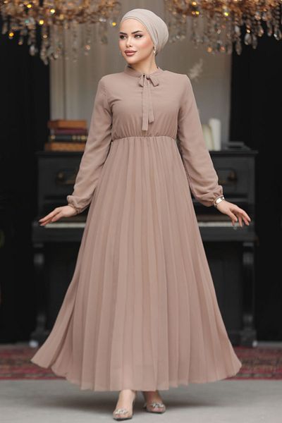 Neva Style Φόρεμα με γιακά με δέσιμο Mink Hijab 50351V