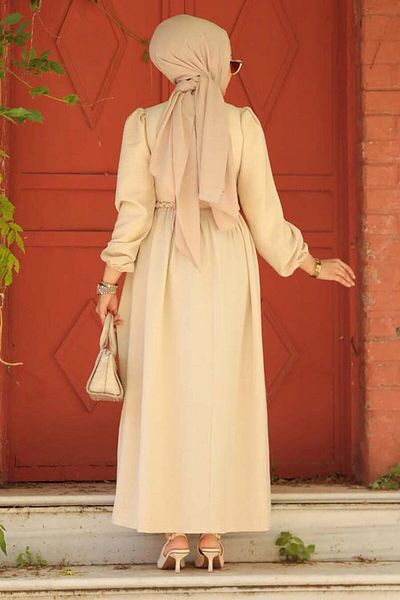 Neva Style Rochie Hijab Bej - Detaliu Guipur, Model 59861BEJ