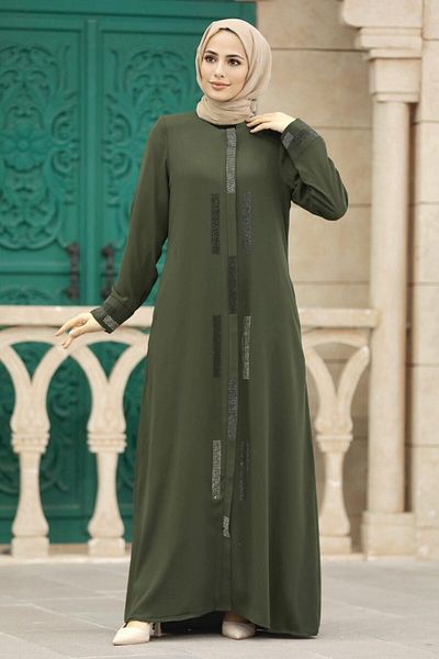 Neva Style Mărgele Detaliat Kaki Hijab Rabia Crep Ferace 616hk