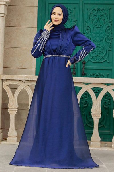 Neva Style Beaded Navy Blue Hijab Evening Dress 25854L