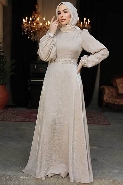 Neva Style Bead Detailed Mink Hijab Evening Dress 23301V