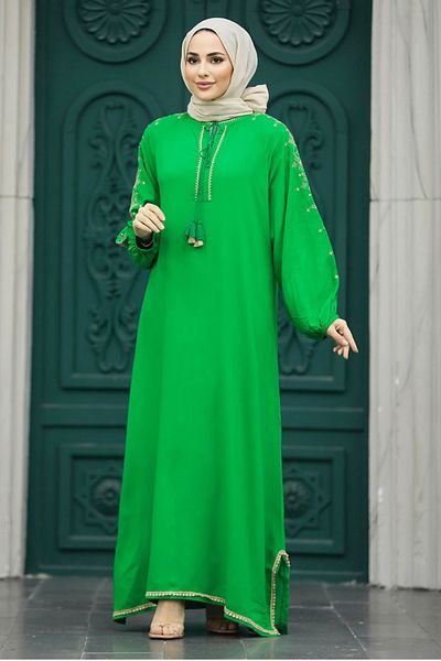 Neva Style Πράσινο Φόρεμα Hijab με Κέντημα Μανίκια 40050y