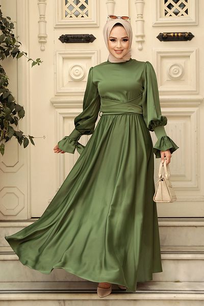Neva Style Khaki Hijab Satin Evening Dress 5983Hk