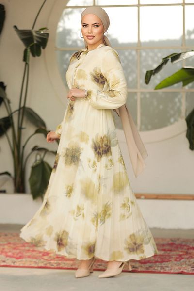 Neva Style Patterned Mustard Hijab Dress 50356HR