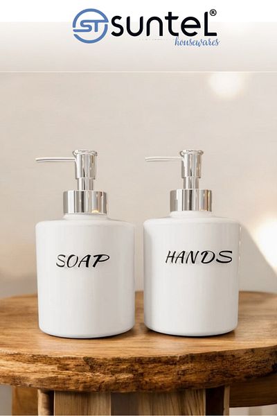 SUNTEL BANYO MUTFAK AKSESUARLARI Set de 2 dozatoare de săpun lichid din plastic cu etichetă albă |   Flacon de loțiune de 500 ml