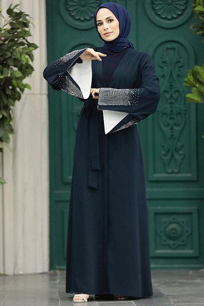 Neva Style Belted Navy Blue Hijab Abaya 601800L