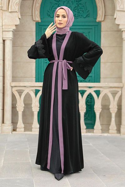 Neva Style Belted Dark Rose Dried Hijab Abaya 55440Kgk
