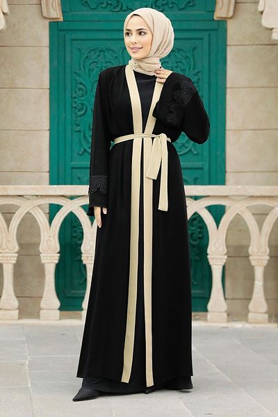 Neva Style Beige Belted Hijab Abaya 55440Beige