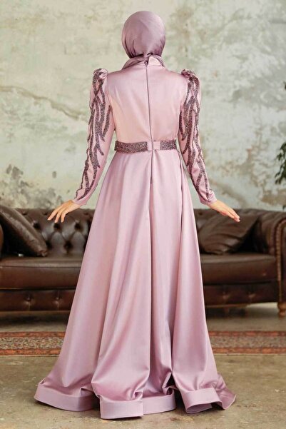 Neva Style Beaded Lilac Satin Hijab Evening Dress 22671Lila