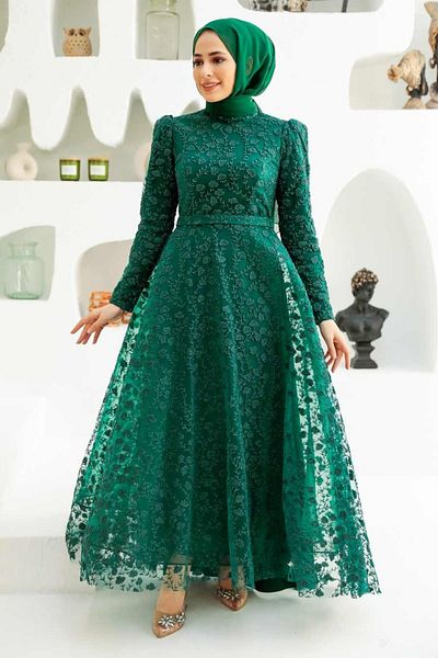 Neva Style Lacy Green Hijab Evening Dress 22510Y