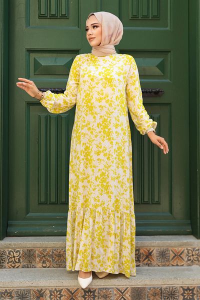 Neva Style Oil Green Patterned Hijab Dress - 15728YY