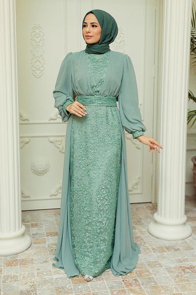 Neva Style Βραδινό φόρεμα Hijab με χάντρες μέντα 22071mint