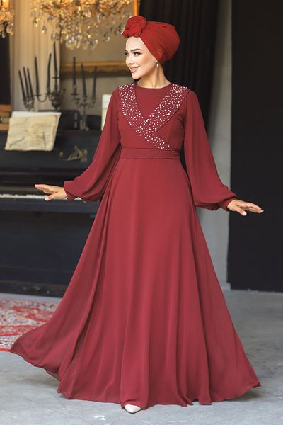 Neva Style Βραδινό φόρεμα με χάντρες μπορντό Hijab 22153br