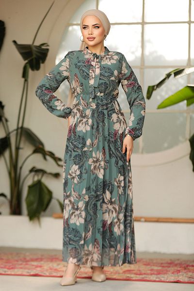 Neva Style Floral Patterned Green Hijab Dress 50355CY