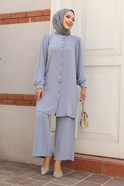 Neva Style طقم حجاب مزدوج رمادي - زر، موديل 12172GR