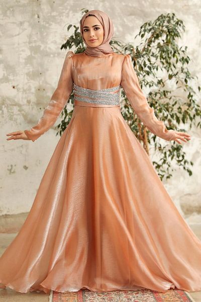 Neva Style Rochie de seara musulmana biscuit brodata cu margele 3812bs