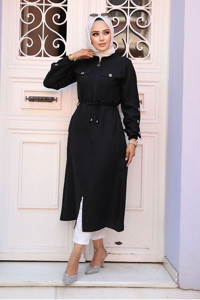 Neva Style - تونيك حجاب أسود بأزرار 645s