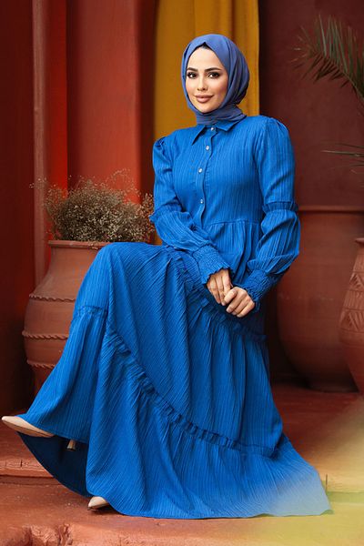 Neva Style Διπλωμένο Πλισέ Indigo Blue Hijab Φόρεμα 4421IM