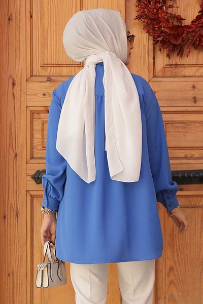 Neva Style تونيك حجاب أزرق نيلي بأزرار - 19026IM
