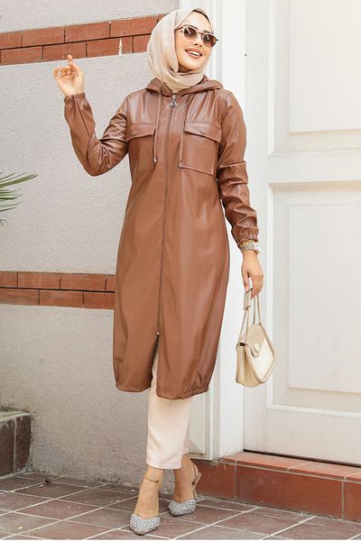 Neva Style Capac Hijab cu glugă din piele maronie - 1503TB