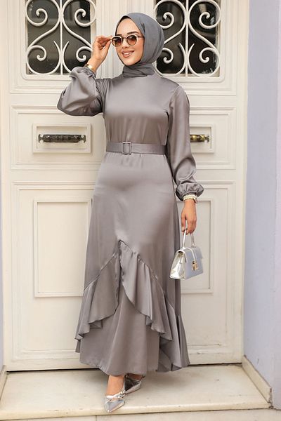 Neva Style Rochie de seara Hijab - Rochie de seara Hijab Gri cu Volane 4566gr
