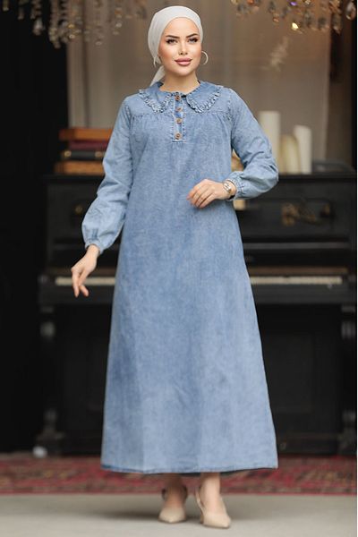 Neva Style Pocket Detailed Blue Hijab Dress 19101M