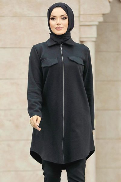 Neva Style تونيك حجاب أسود بسحاب 5944s