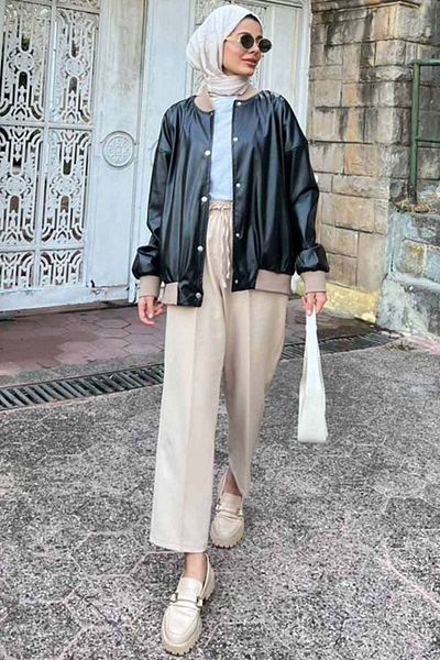 Neva Style - Jachetă din piele neagră Hijab cu nasturi 9264s