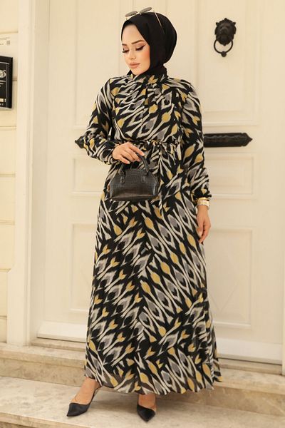 Neva Style Rochie Hijab Neagră - Cu Motiv, Model Nr: 34464S