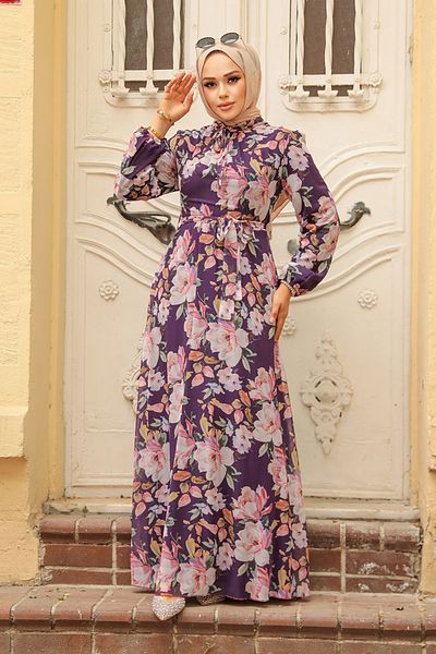 Neva Style Rochie Hijab Liliac închis cu Motiv Floral 279015klıla
