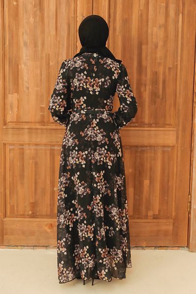 Neva Style Floral Patterned Mink Hijab Dress 279061 V