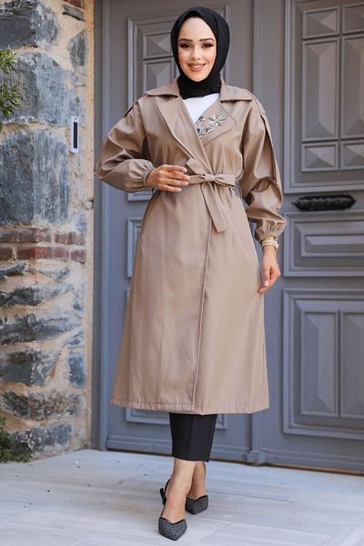 Neva Style Καμπαρντίνα με χάντρες με λεπτομέρεια Mink Hijab 639v