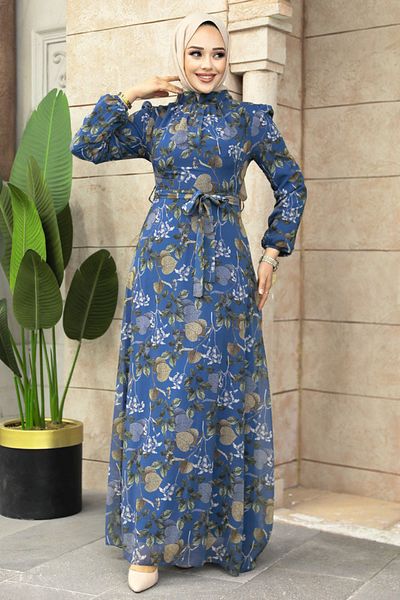 Neva Style Φόρεμα Hijab με λουλουδάτο σχέδιο Indigo Blue 279327 είμαι