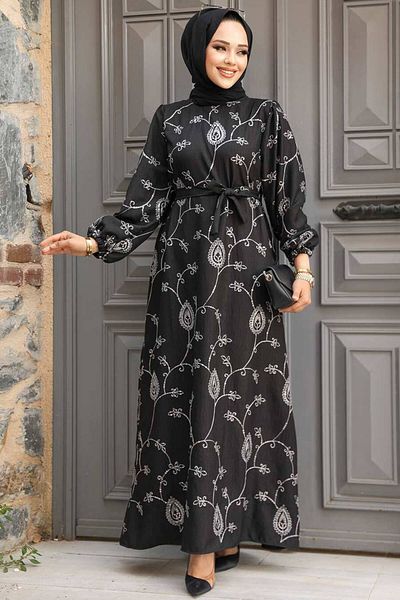 Neva Style Silver Hijab Dress - Floral Pattern, Model No: 30441GMS