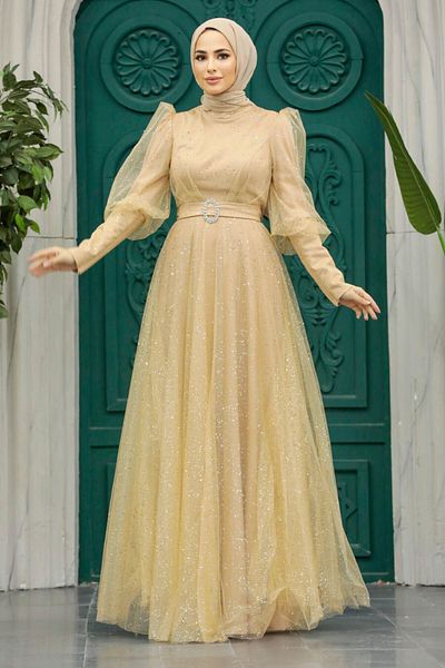 Neva Style Rochie de seara Hijab - Rochie de seara Hijab auriu argintiu 23041aur