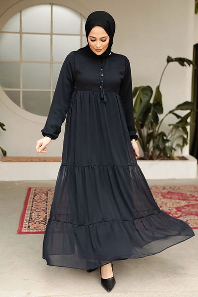 Neva Style Rochie Hijab cu pliuri în straturi bleumarin închis 22051KL
