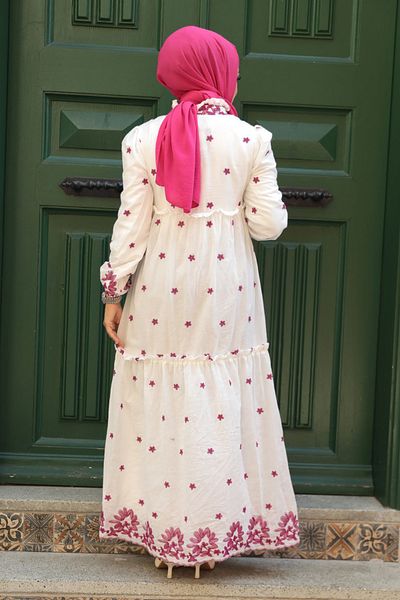 Neva Style Floral Patterned Fuchsia Hijab Dress 1381F