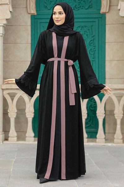 Neva Style Belted Dusty Rose Hijab Abaya (55440Gk)