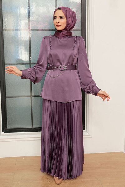 Neva Style - Satin Lilac Skirted Hijab Suit 34621